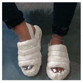 Women Fur Wedge Slippers with Ankle Elastic Band Open Toe Winter Slides Home Slipper Plush Slip-on Fluffy Warm Indoor Slippers Comfortable (Color: Beige, size: 40)