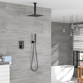12-inch Ceiling Mount Square 360 Degree Adjustable Stainless Steel High Pressure Rainfall Shower Head Dual Shower Head with Hand Held Spray Combo (Color: Oil Rubber Bronze, Shower head size: 12-inch)