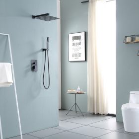 12-inch Wall Mount Square Stainless Steel High Pressure Rain Shower Head Dual Shower Head with Hand Held Spray Combo Stainless Steel Shower Hose (Color: Matte black, Shower head size: 12 in.)