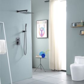 12-inch Wall Mount Square Stainless Steel High Pressure Rain Shower Head Dual Shower Head with Hand Held Spray Combo Stainless Steel Shower Hose (Color: Oil Rubber Bronze, Shower head size: 12 in.)