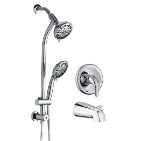 Drill-Free Stainless Steel Slide Bar Combo Rain Showerhead 7-Setting Hand, Dual Shower Head Spa System with Tup Spout (Rough-in Valve Included) (Color: as Pic)